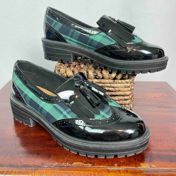 TU Sole Comfort Green and Blue Plaid Patent Loafers with Tassels Women UK Size 4 - Picture 1 of 13